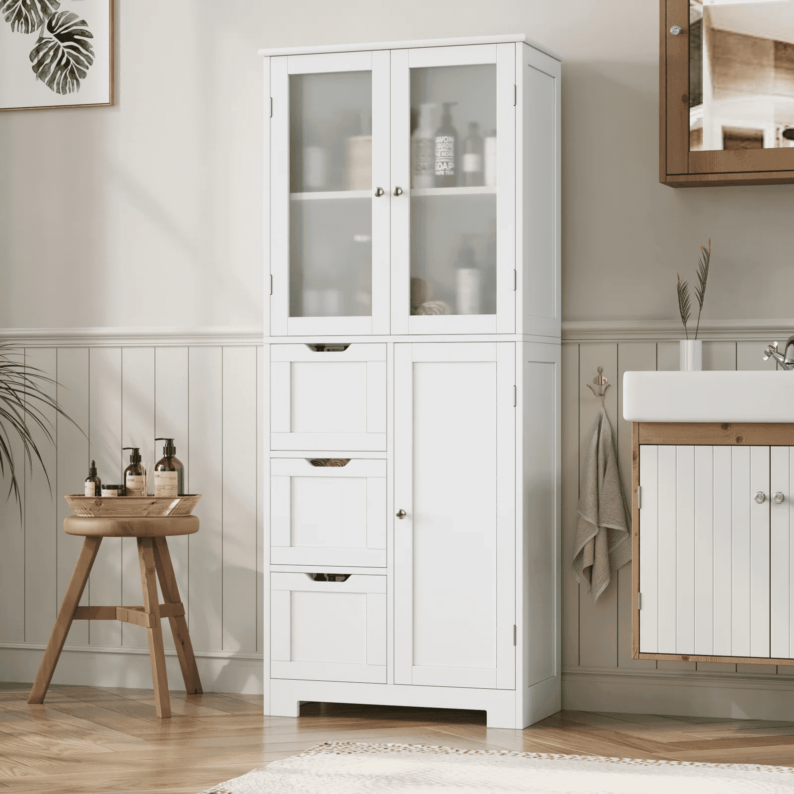 Bathroom Storage Cabinet, White Linen Cabinet with 3 Doors and 3 Drawers