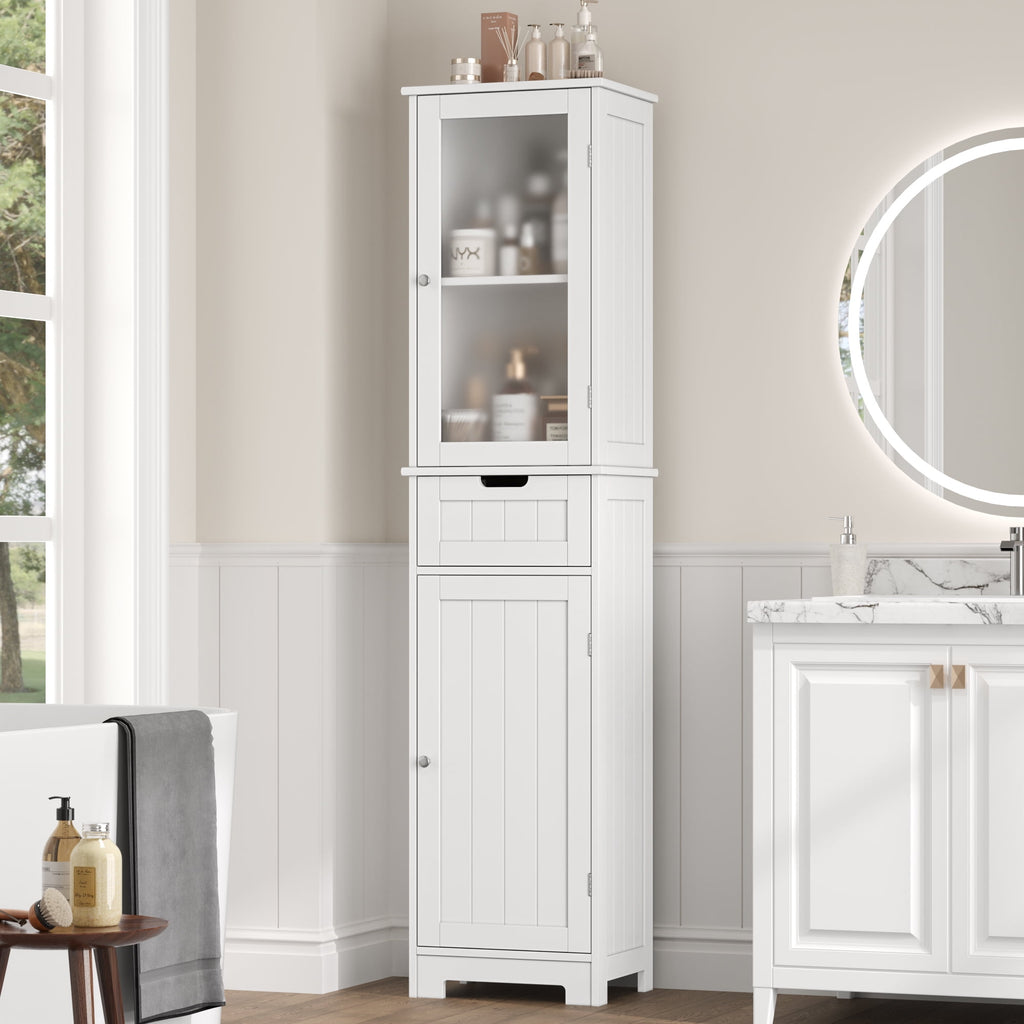 Bathroom Storage Tower, Narrow Linen Cabinet with Door and Drawers, Tall Bathroom Storage Cabinet for Small Spaces, W...