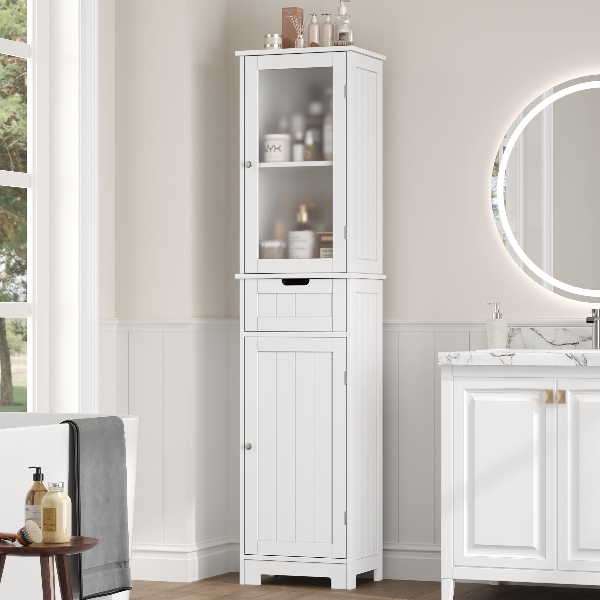 Bathroom Storage Tower, Narrow Linen Cabinet with Door and Drawers, Tall Bathroom Storage Cabinet for Small Spaces, W...