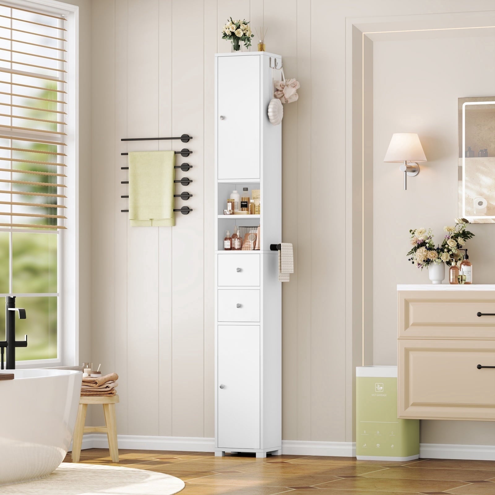 Homfa 71" Tall Bathroom Storage Cabinet with Adjustable Shelves, 2 Doors & Drawers Bathroom Storage Tower with Hooks & Paper Towel Holder, F