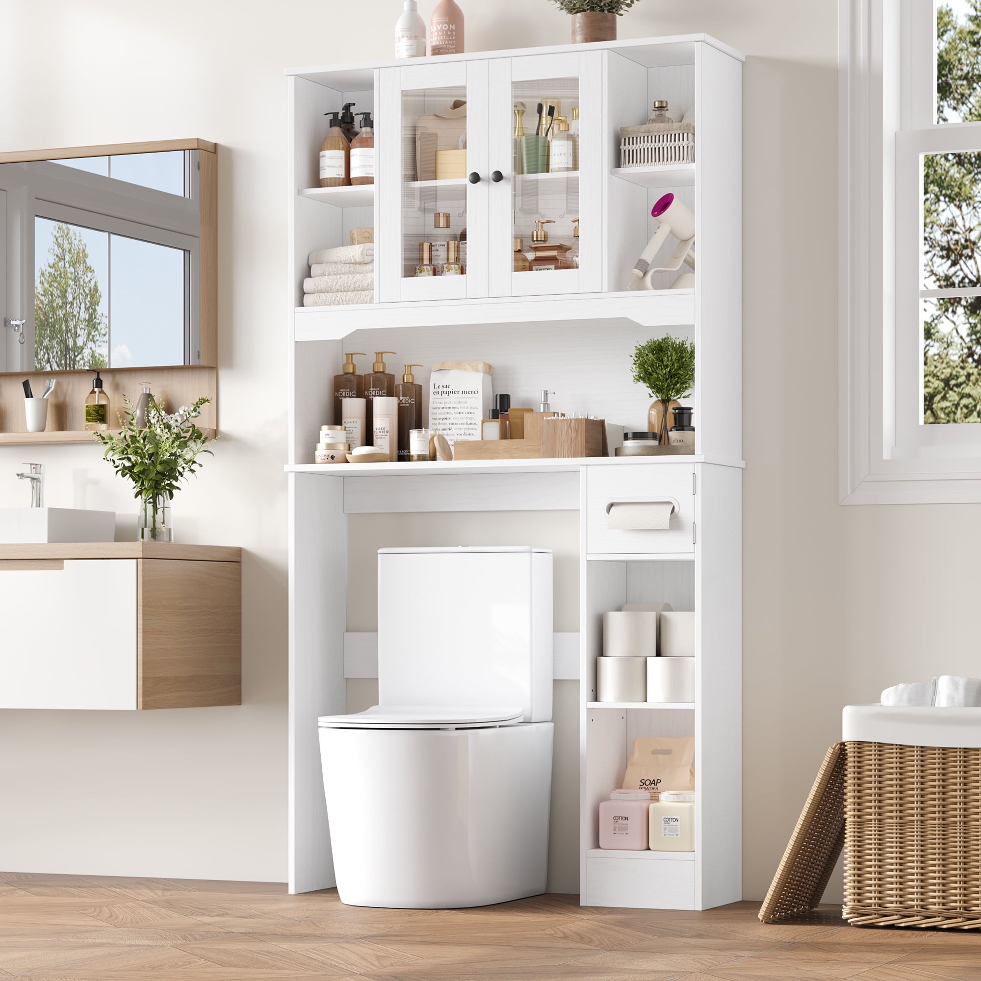 The Toilet Storage Cabinet with Toilet Paper Holder Stand, Above Toilet Organizer with Glass Doors, Behind Toilet She...