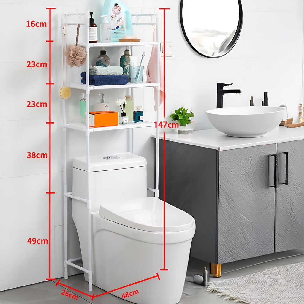 The Toilet Storage Shelf for Bathroom,3-Tier Freestanding Bathroom Organizer with 4-Hooks,H-Shape Frame,Extra Thick C...