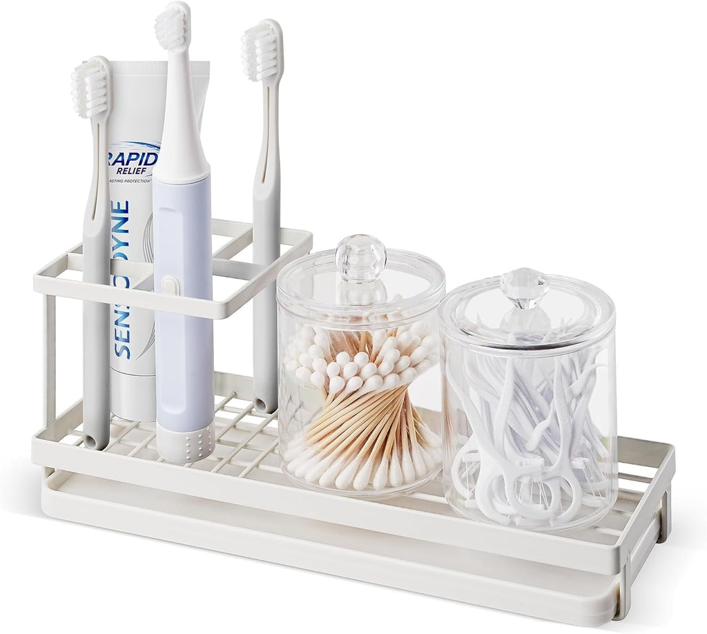 for Bathrooms, 4 Slots Metal Electric Toothpaste Holder with Drainage for Bathroom Countertop, White