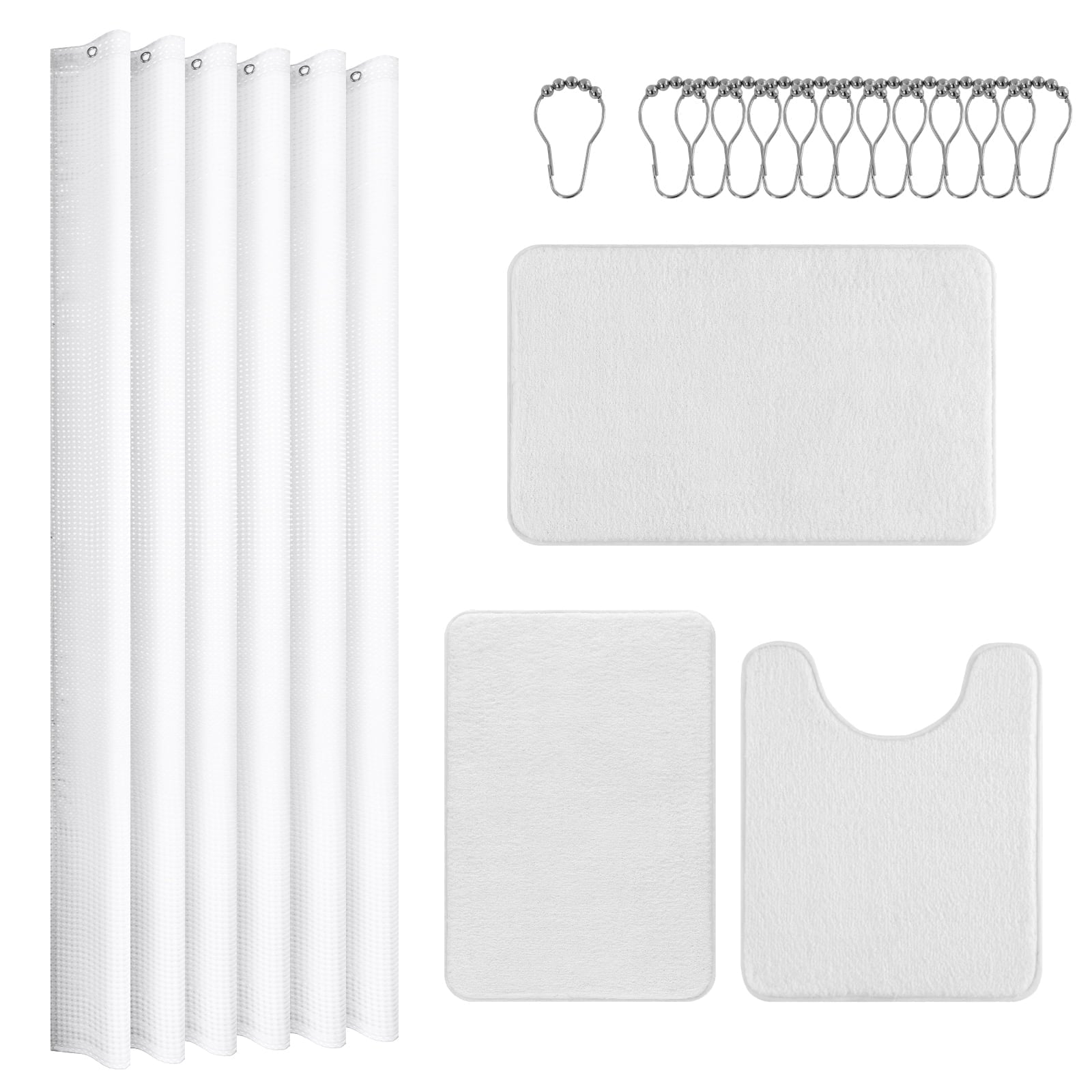 ‌Ileading 16-Piece Shower Curtain Set with Rugs, Waterproof Waffle Shower Curtain & Soft Non-Slip Bath Rugs with 12 Hooks, White Bathroom Se