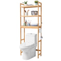 KFFKFF 3-Tier Adjustable Over Toilet Storage Rack, Bamboo Bathroom Organizer with Hooks, Freestanding Shelf for Laundry and Bathroom Space S