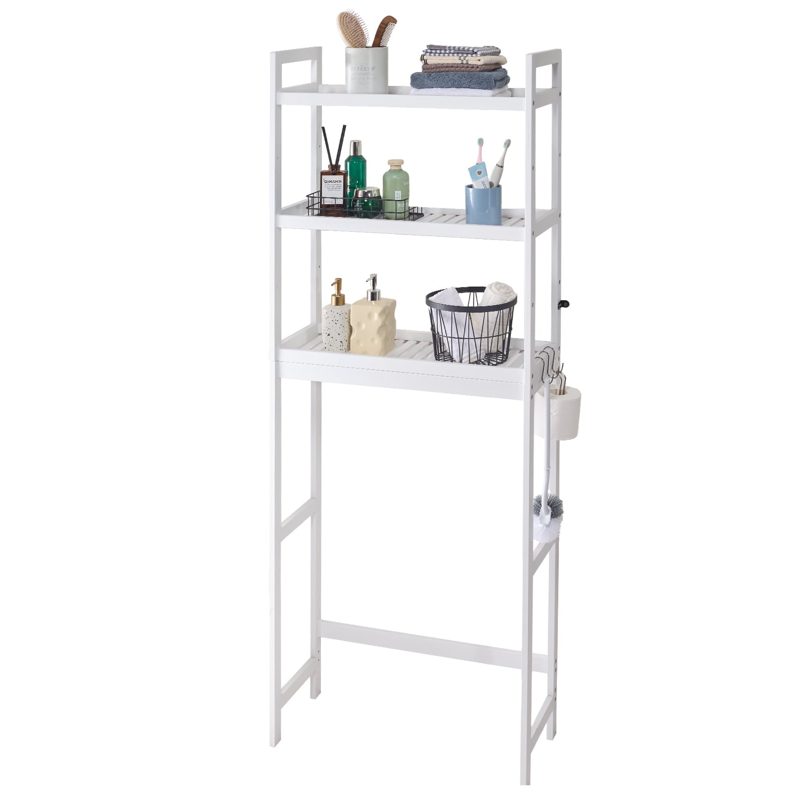 Bathroom Storage Above Toilet, 3-Level Adjustable Bamboo Organizer, Shelf Rack with Trio Hooks, Independent Assembly ...