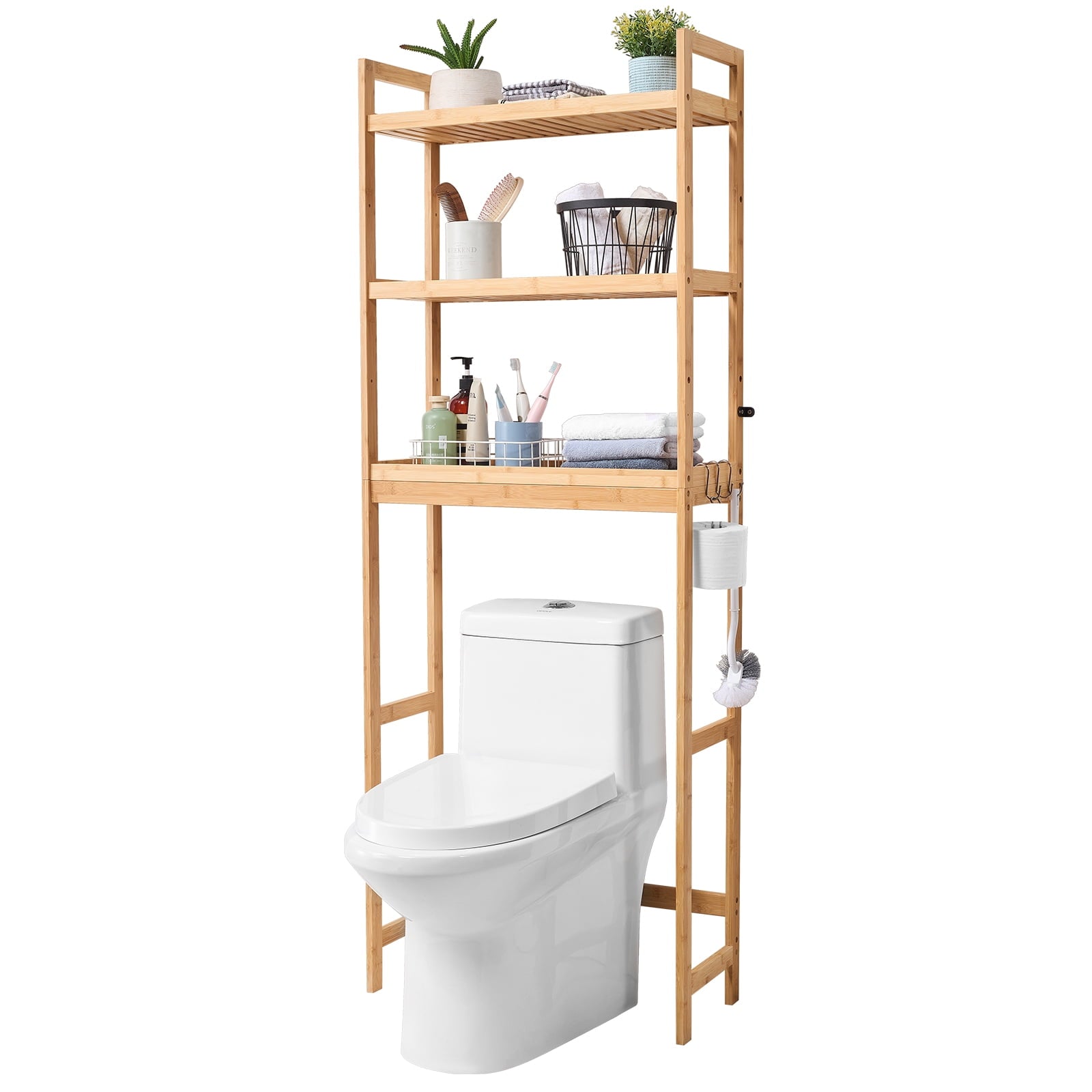 Bathroom Storage Above Toilet, 3-Level Adjustable Bamboo Organizer, Shelf Rack with Trio Hooks, Standalone Simple Set...