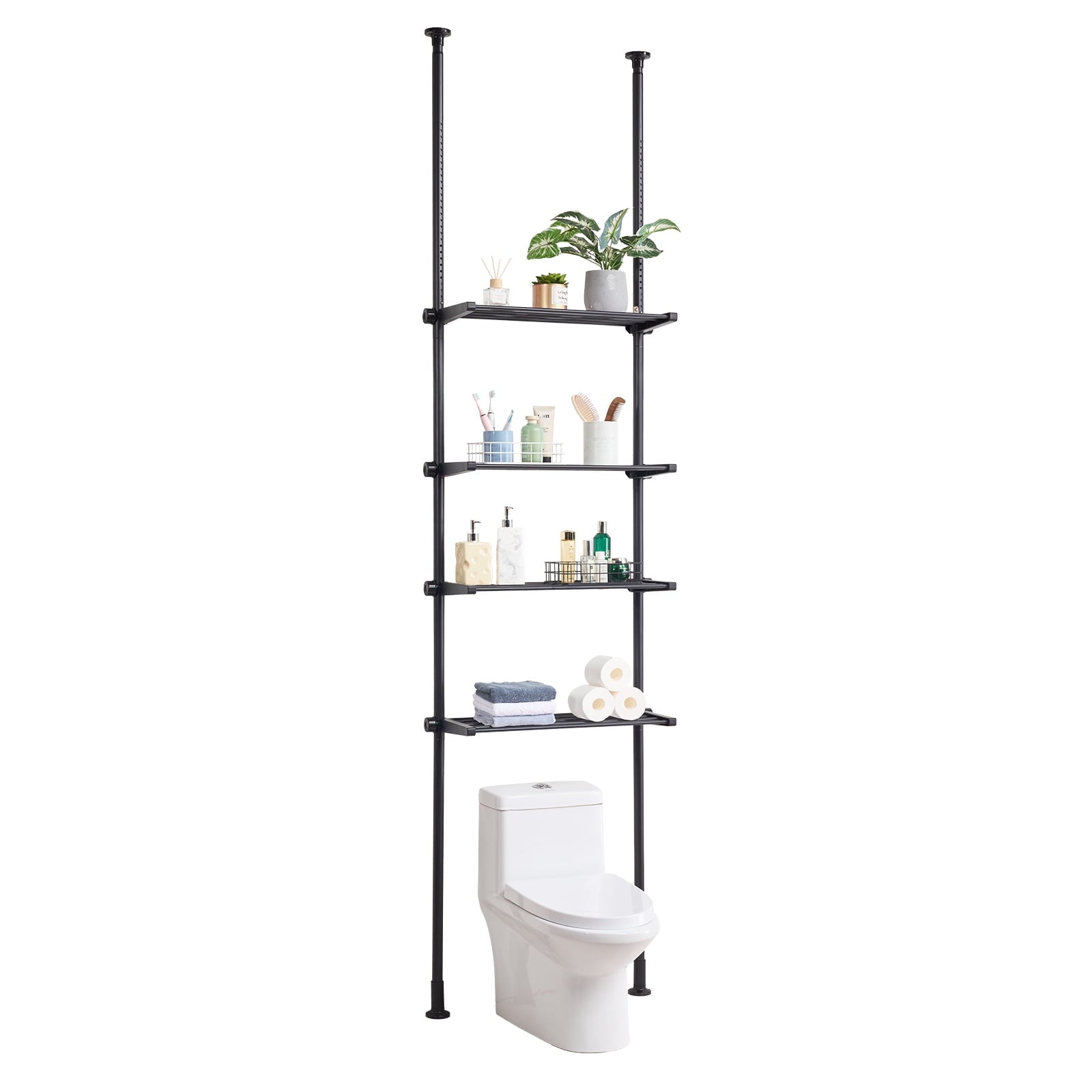 KFFKFF Over The Toilet Storage Shelf,4-Level Adjustable Bathroom Shelf, Eco-friendly Steel, 53"-132" Height, Simple to Assemble, Space-Effic
