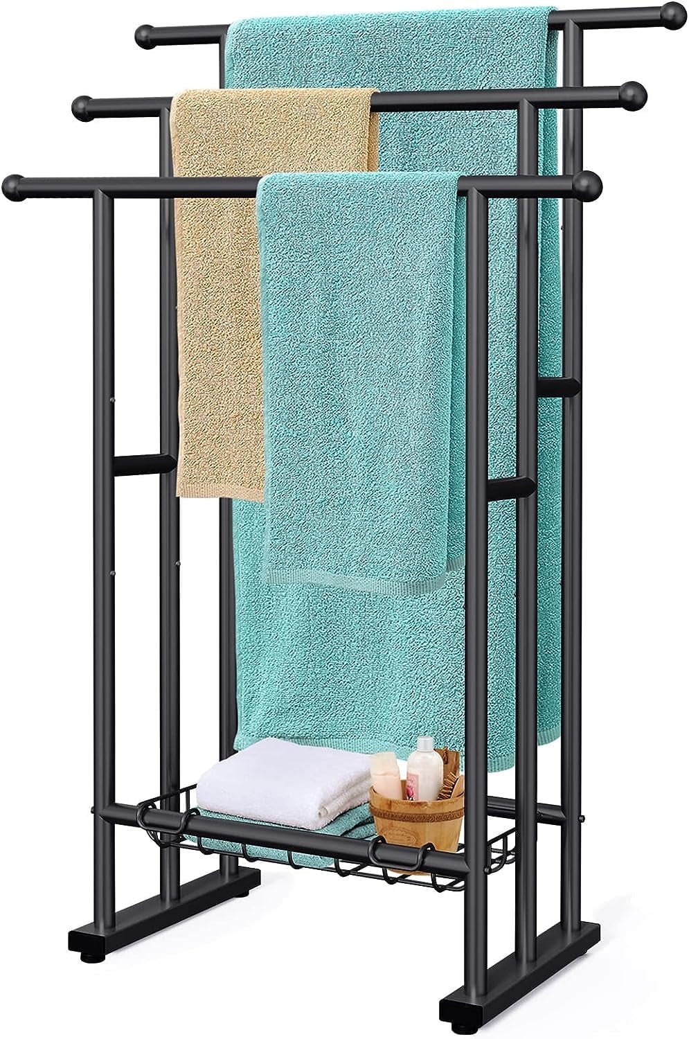 40" H Free Standing Towel Rack, 3 Tier Alloy Steel Towel Rack Stand with Basket