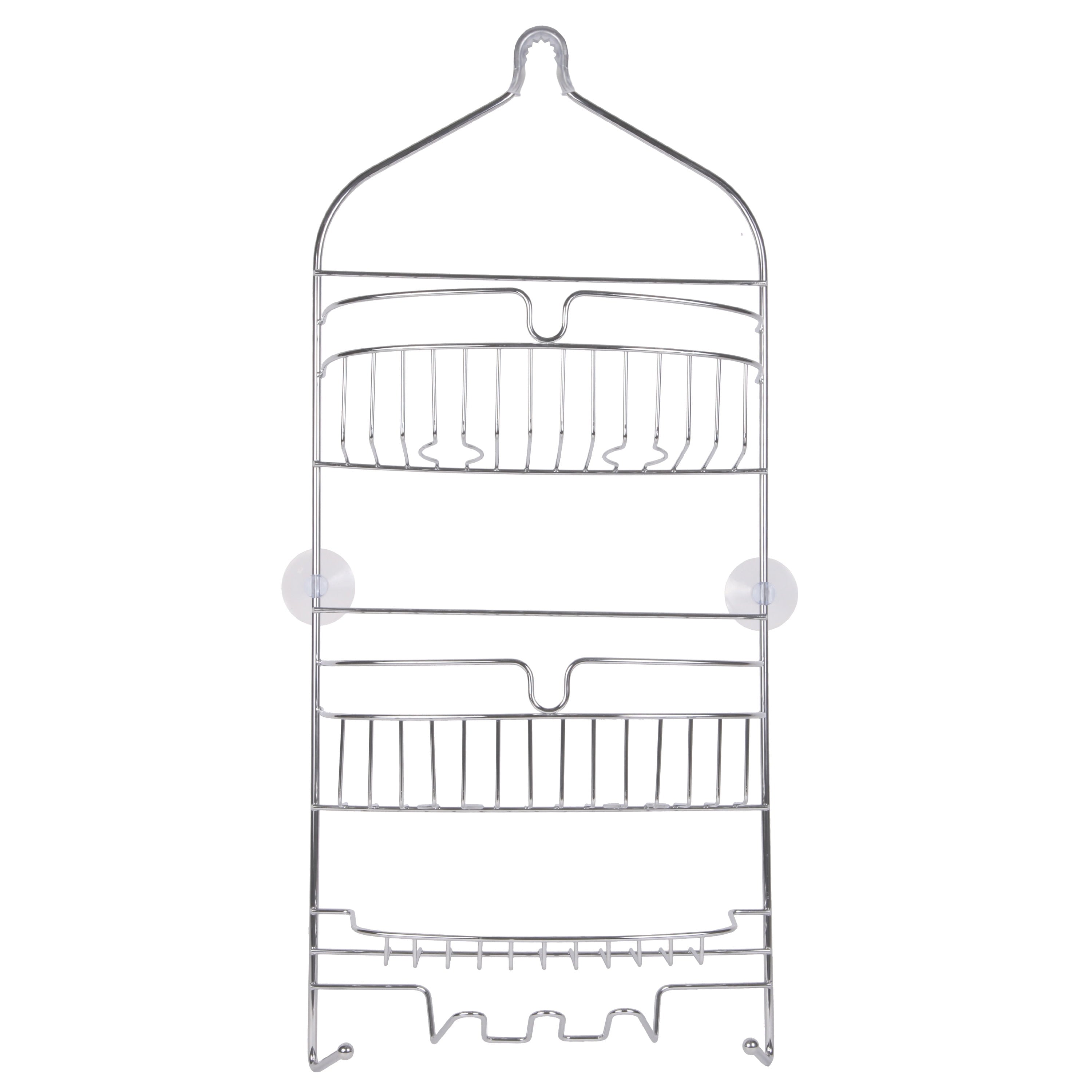 Heavy Duty 3-Tier Large Hanging Shower Caddy with Suction Cups and Four Razor Holders, Chrome