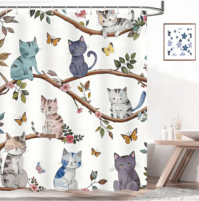 Kids Cute Cat Shower Curtain, Cartoon Pet Kitten Cute Watercolor Pattern Bathroom Shower Curtain Decor, Cute Animal F...