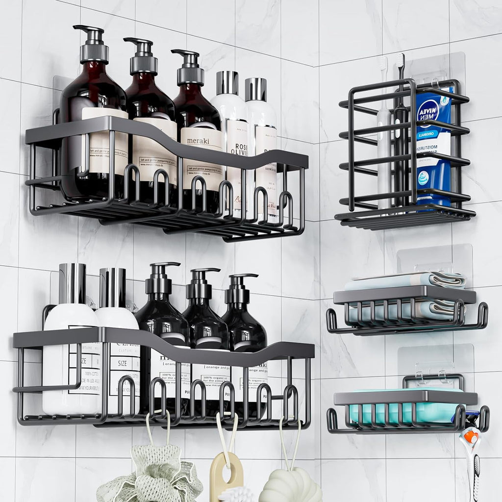 Stainless Steel Shower Caddy, 5 Shelves, Kitchen Organizer, No Drilling with Strong Adhesive Mount, Rustproof, Black.