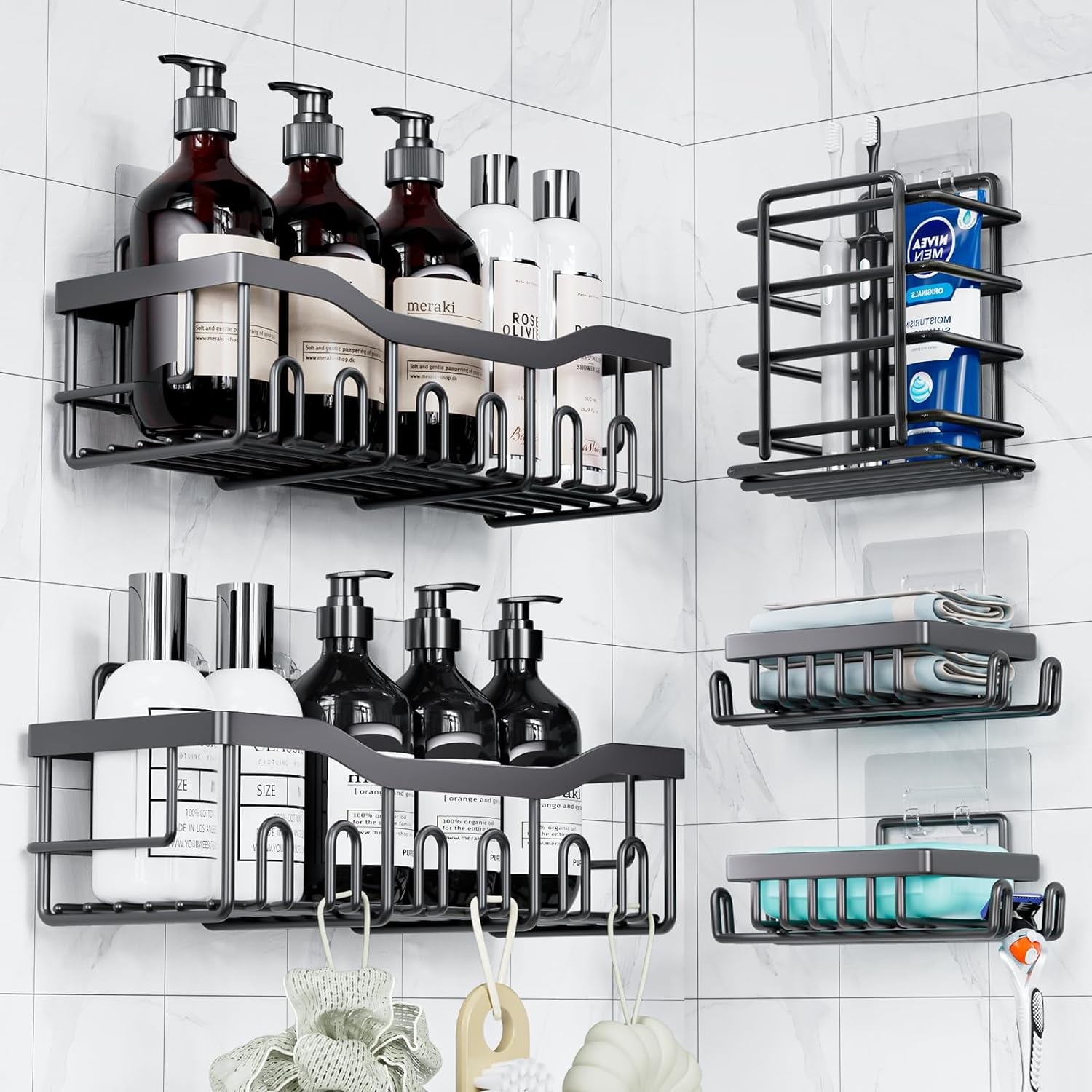 Stainless Steel Shower Caddy, 5 Shelves, Kitchen Organizer, No Drilling with Strong Adhesive Mount, Rustproof, Black.