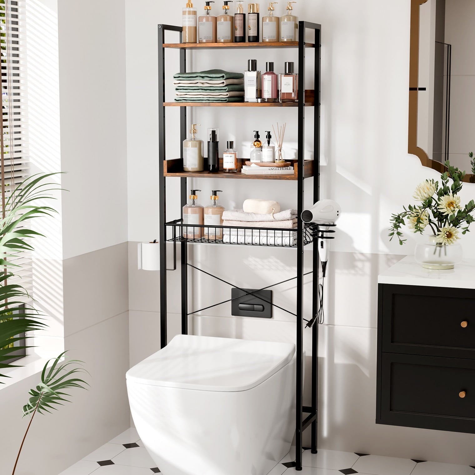 3-Shelf The Toilet Bathroom Storage Rack and Shelf with with Wire Baskets, Tissue Hook and Hairdryer Holder, Rotten -...