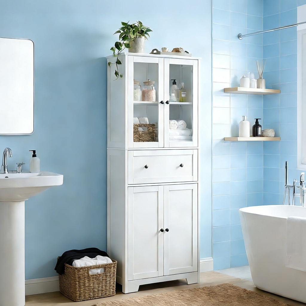 Bathroom Cabinet with 4 Doors 1 Drawer, Large Storage Organizer w/ 2 Adjustable Shelves for Office Living Room, White