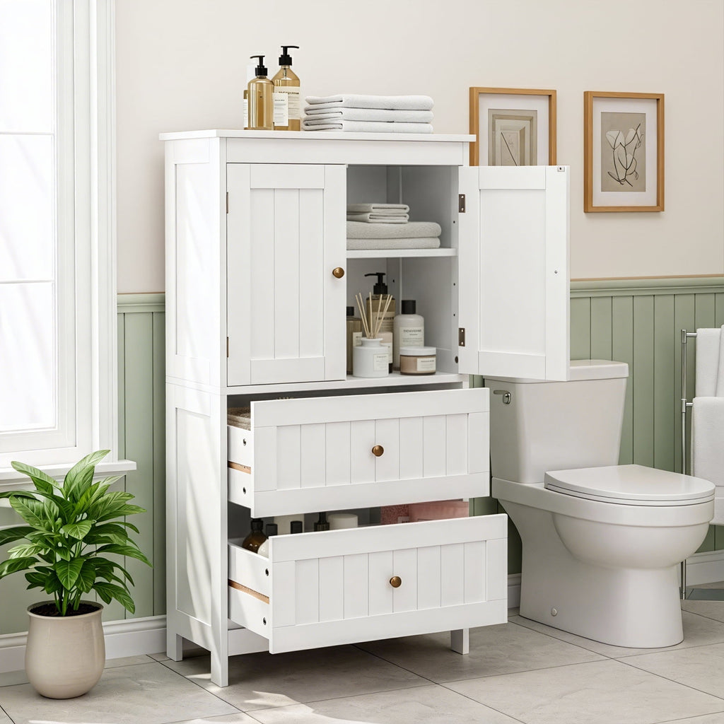 Bathroom Floor Storage Cabinet, Freestanding Cabinet with 2 Doors 2 Drawers, Adjustable Shelves, White