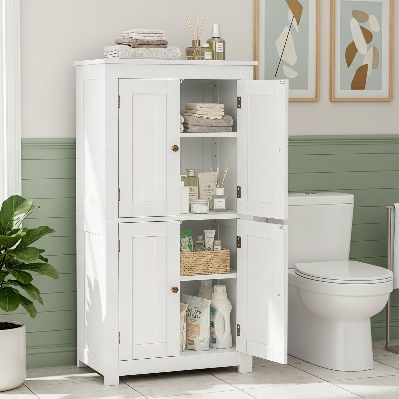 Bathroom Floor Storage Cabinet, Freestanding Cabinet with 4 Doors, Adjustable Shelves, White