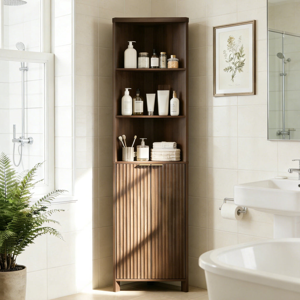 Bathroom Cabinet with Fluted Double - doors, 5 - Tier Freestanding Storage, Walnut