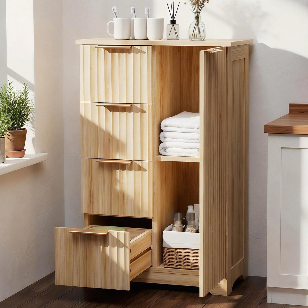 Bathroom Floor Cabinet, Fluted Storage Cupboard with 4 Drawers & 1 Door, Freestanding Wooden Organizer for Bathroom, ...