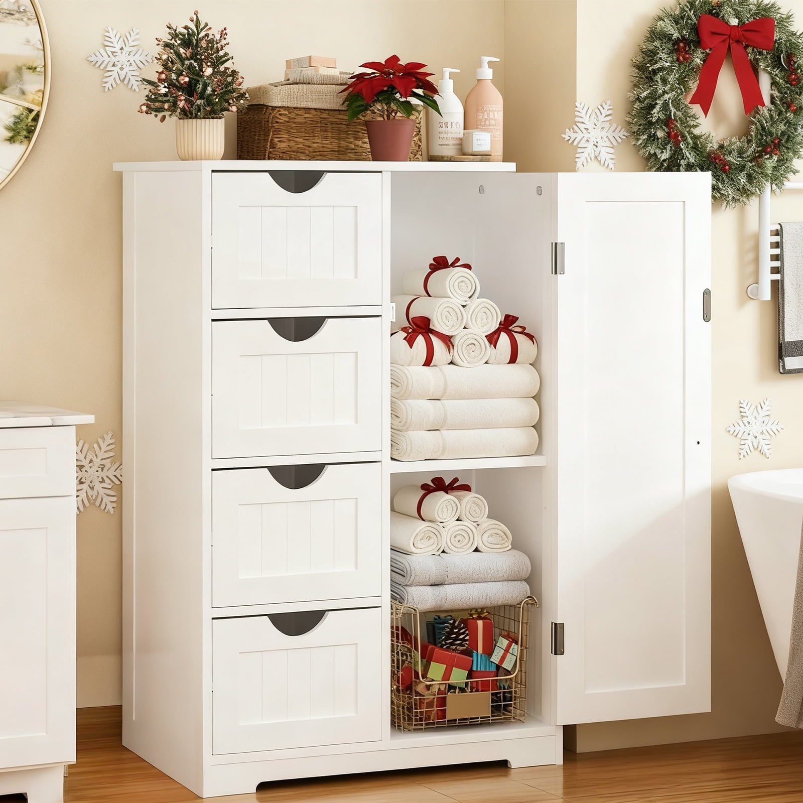Wooden Bathroom Floor Cabinet, Side Storage Organizer with 4 Drawers, 1 Cupboard & 2-Shelves, White