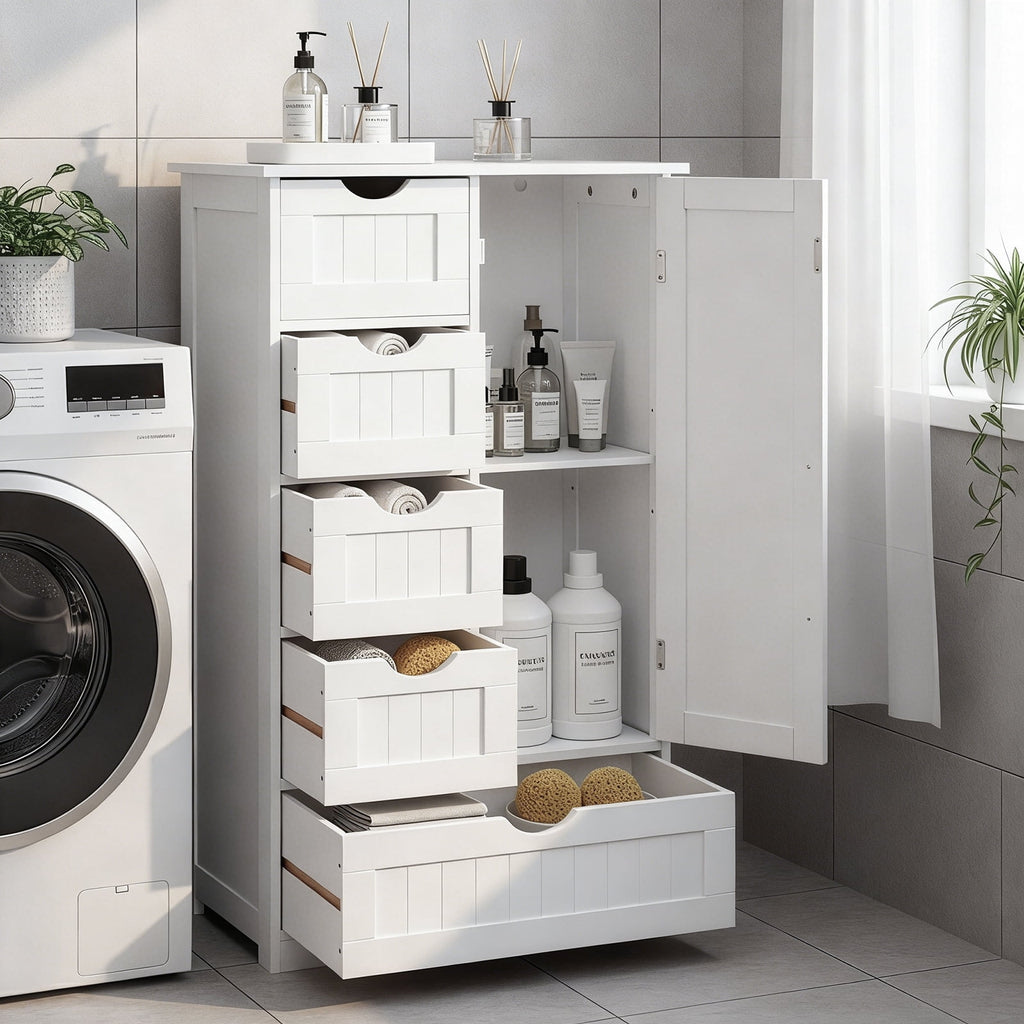 Wooden Bathroom Floor Cabinet, Side Storage Organizer with 5 Drawers, 1 Cupboard & 2-Shelves, White