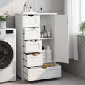 Wooden Bathroom Floor Cabinet, Side Storage Organizer with 5 Drawers, 1 Cupboard & 2-Shelves, White