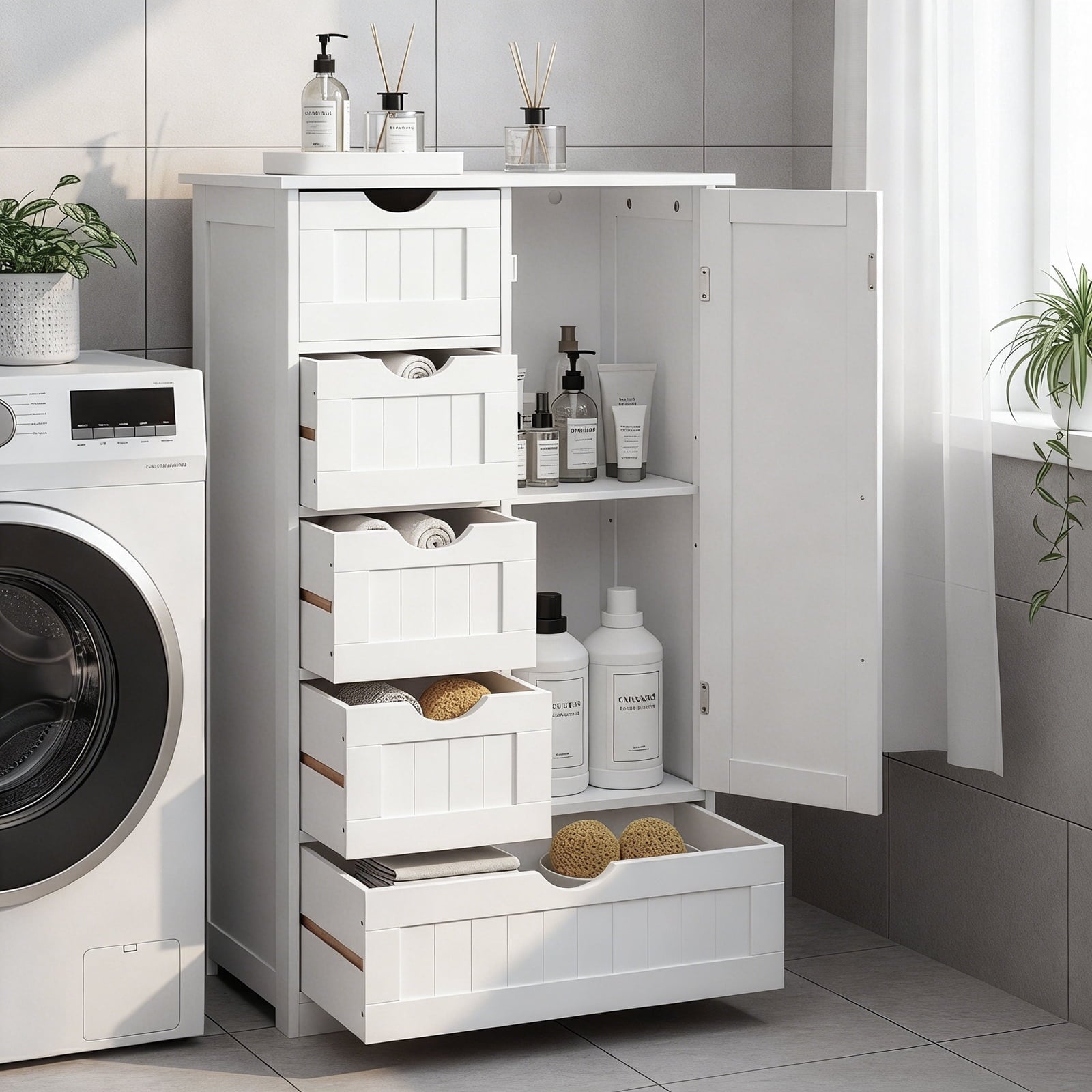 Wooden Bathroom Floor Cabinet, Side Storage Organizer with 5 Drawers, 1 Cupboard & 2-Shelves, White