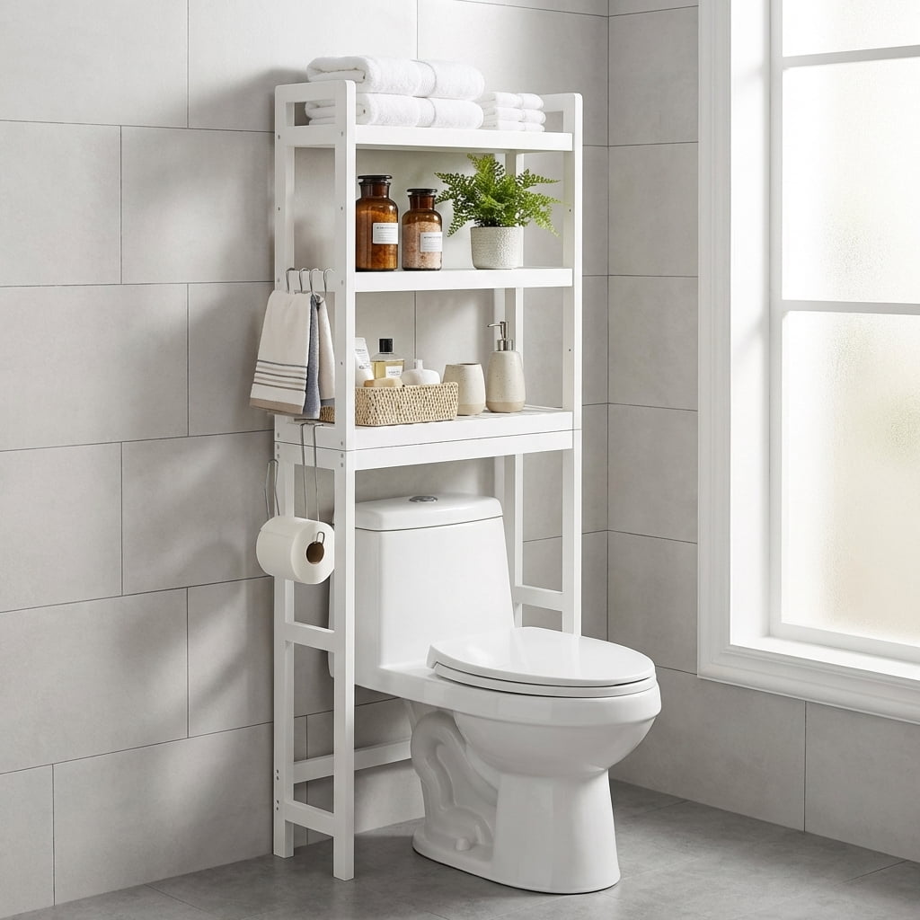 LEDREM Over The Toilet Storage Shelf, 3-Tier Bathroom Organizer Adjustable Saver Space Rack with Toilet Paper Holder,Cloud White