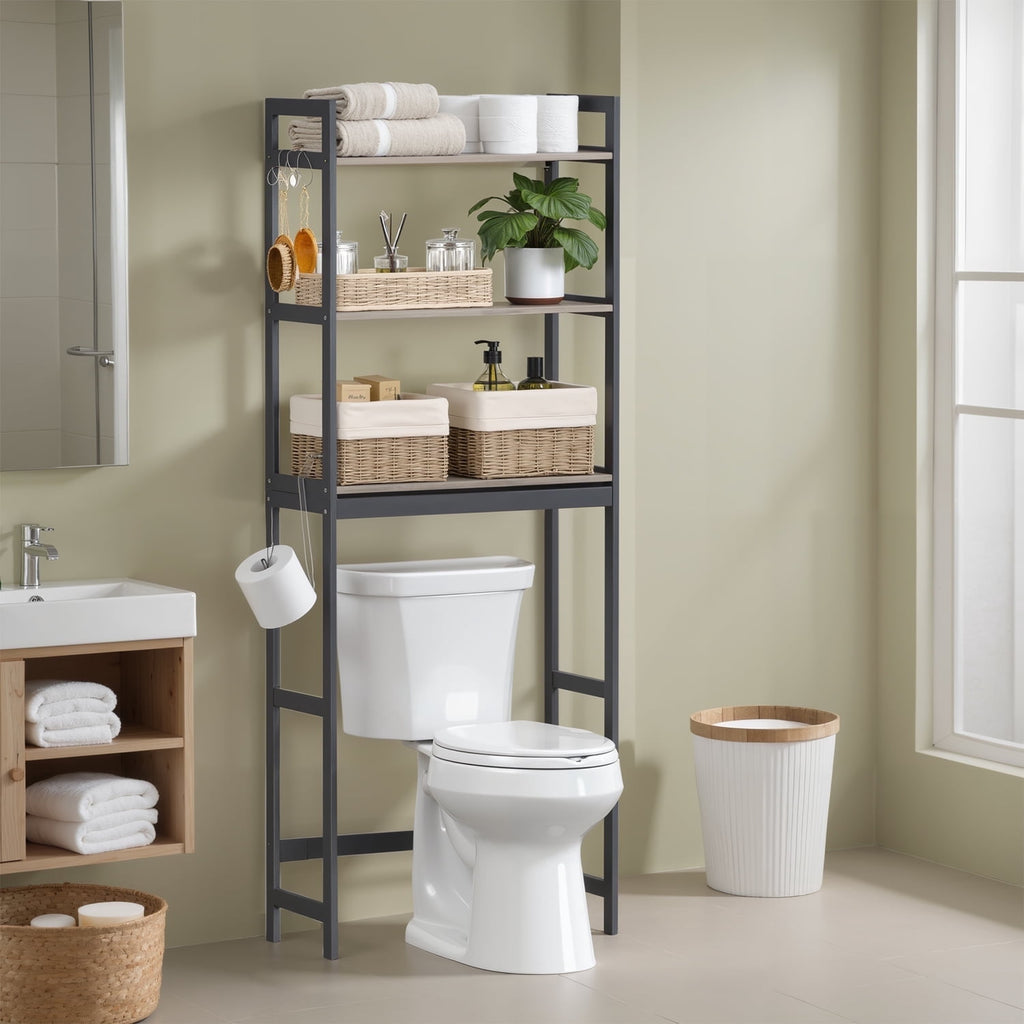 3-Tier Storage Organizer with Adjustable Shelves & Hooks, Bamboo Bathroom Shelving Unit, Heather Greige and Ink Black