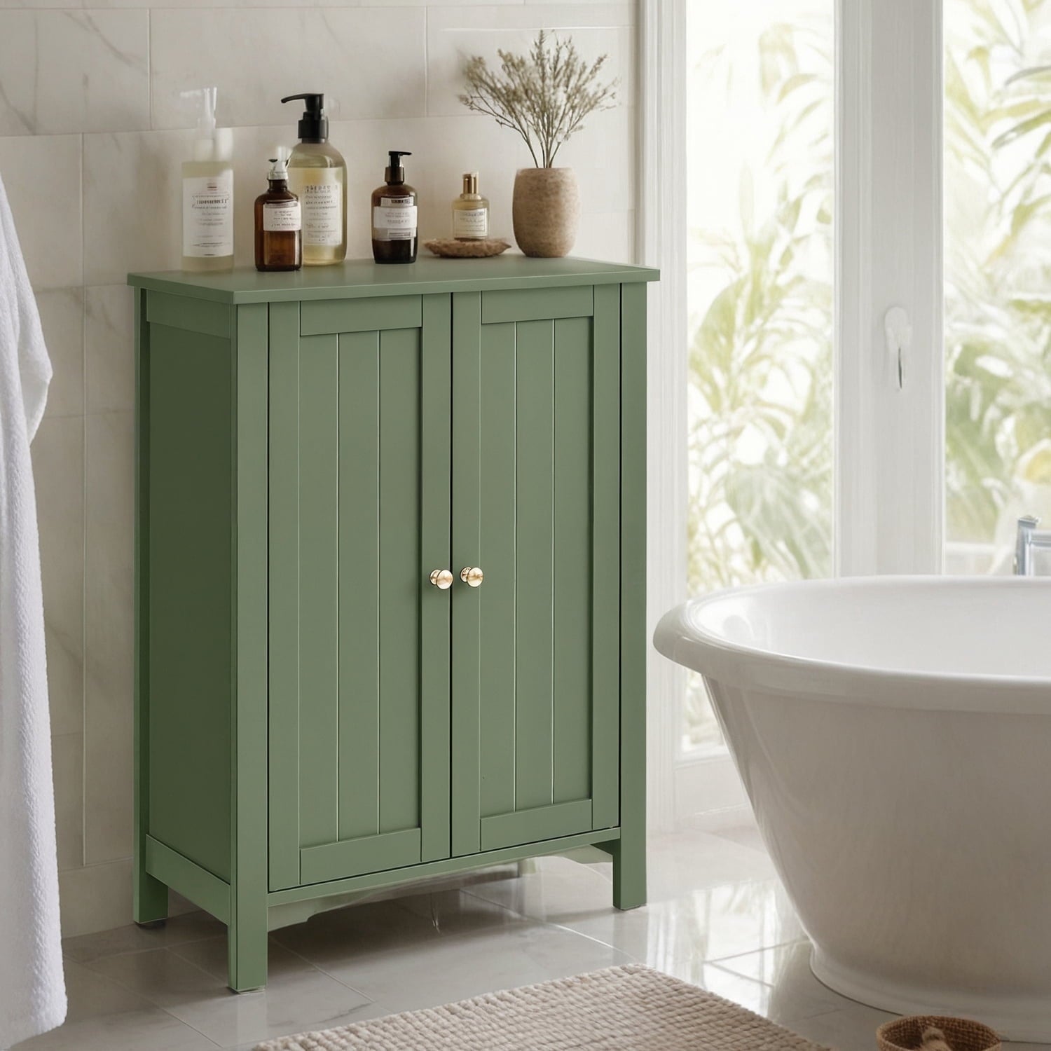 Bathroom Cabinets Freestanding, Bathroom Storage Floor Cabinet with Doors and Adjustable Shelves, Green