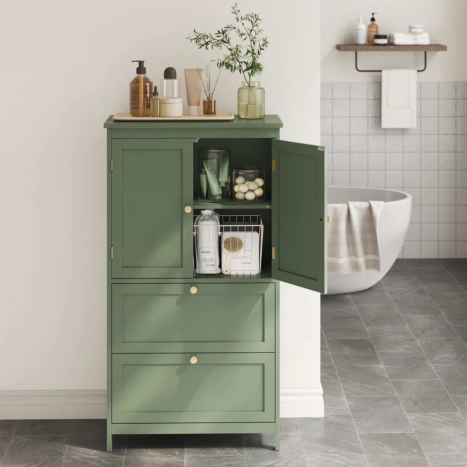 Bathroom Floor Storage Cabinet, Freestanding Cabinet with 2 Doors 2 Drawers, for Kitchen Living Room Small Spaces,Green