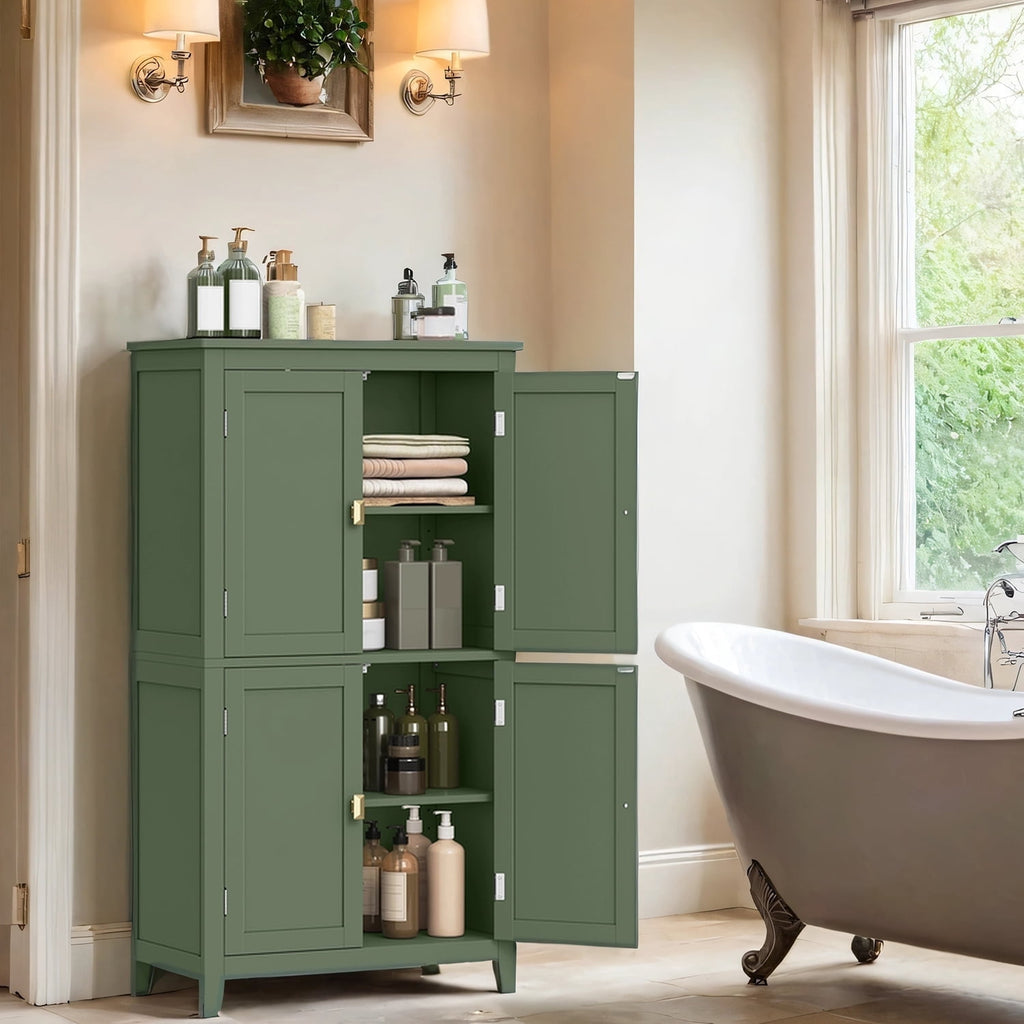 LEDREM Bathroom Storage Floor Cabinet Organizer with 4 Doors & Adjustable Shelves, 43" Wooden Pantry Cabinet Freestanding for Kitchen Living