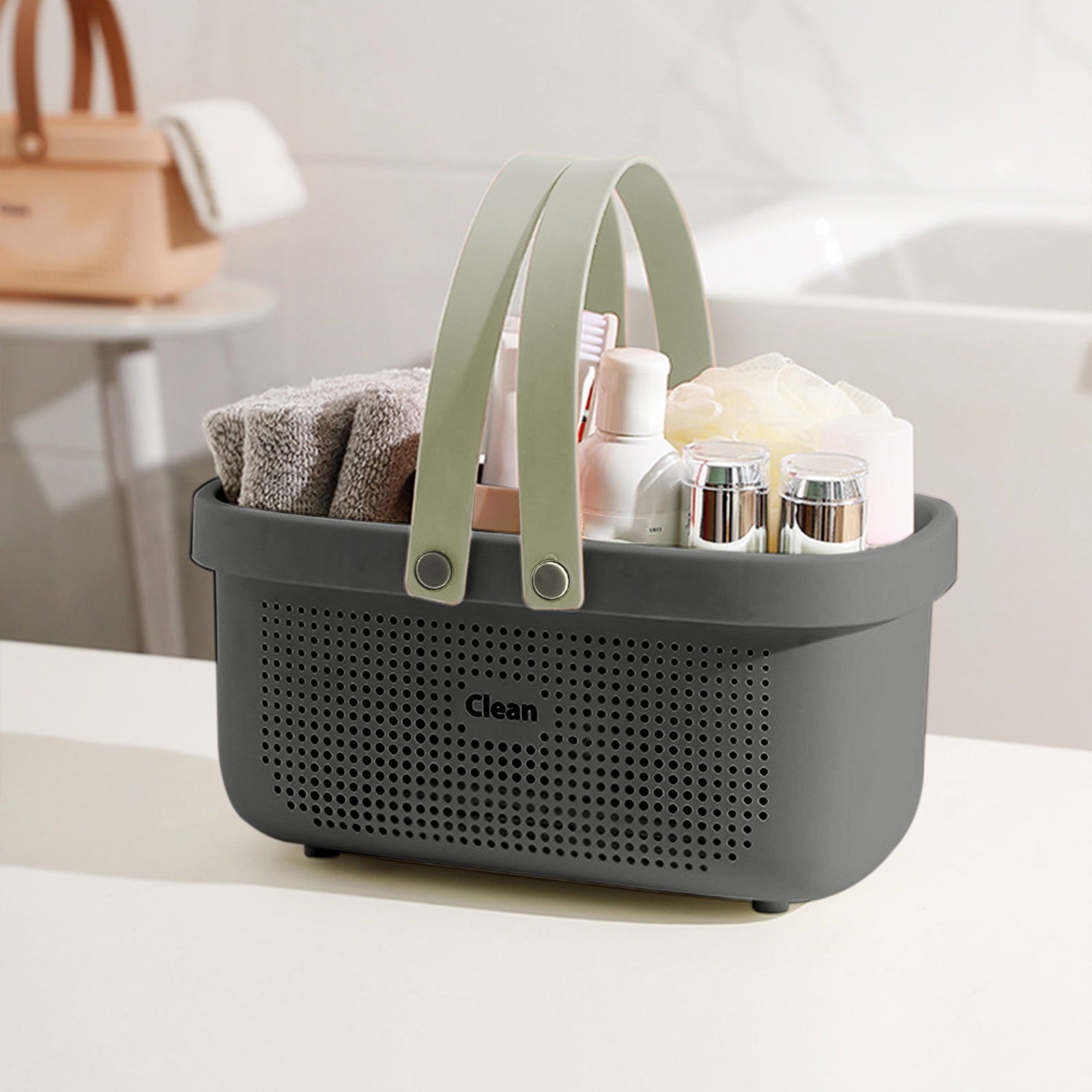 Large Capacity Bath Shower Basket Portable Storage Puff Shower Caddy Storage Basket Gray Safe&Non-toxic 3.2x3.2 Inch