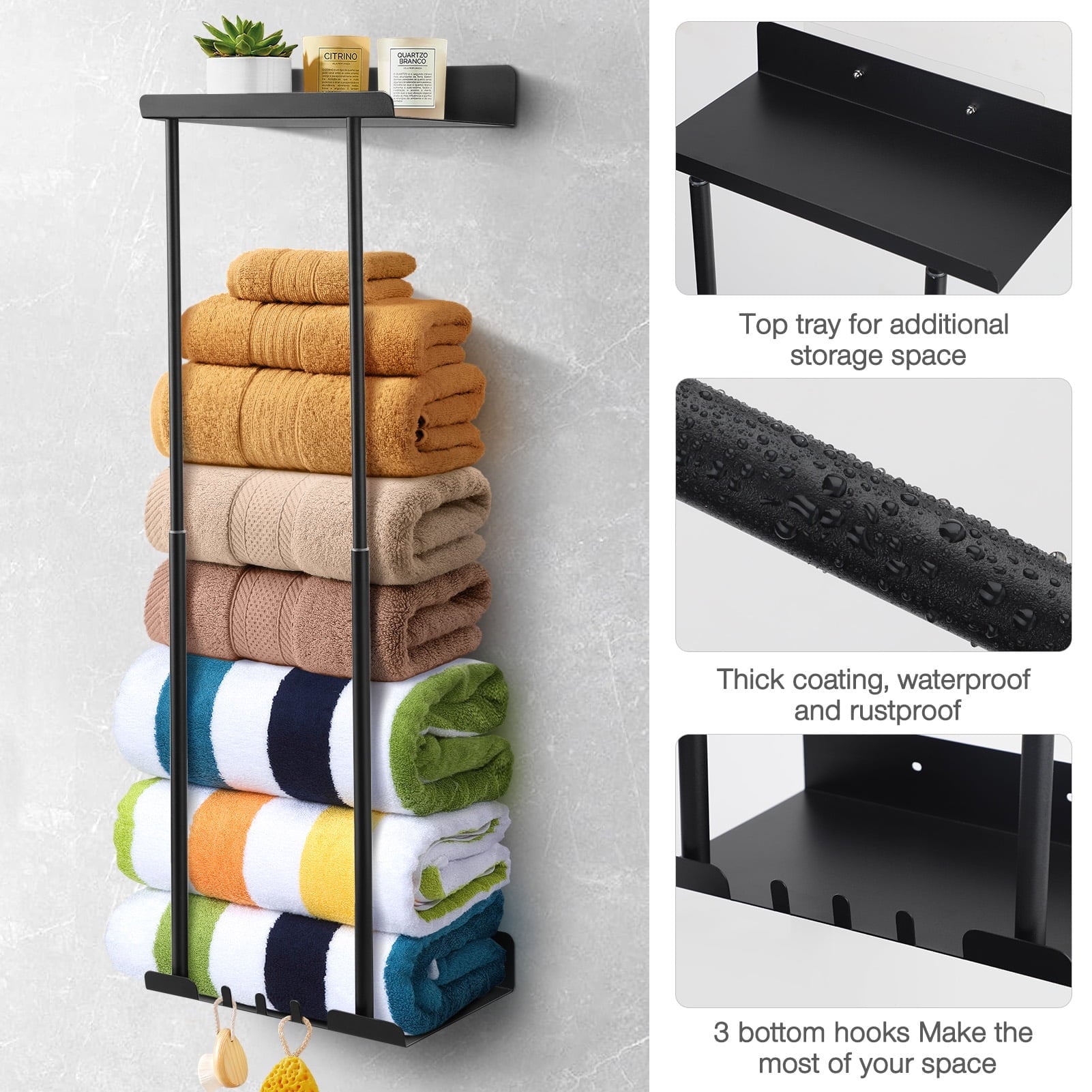 Livhil Wall Towel Rack for Rolled Towels, New Upgrade Towel Racks for Bathroom Wall Mounted, Bathroom Bar Towel Storage, Metal Bath Towel Ho