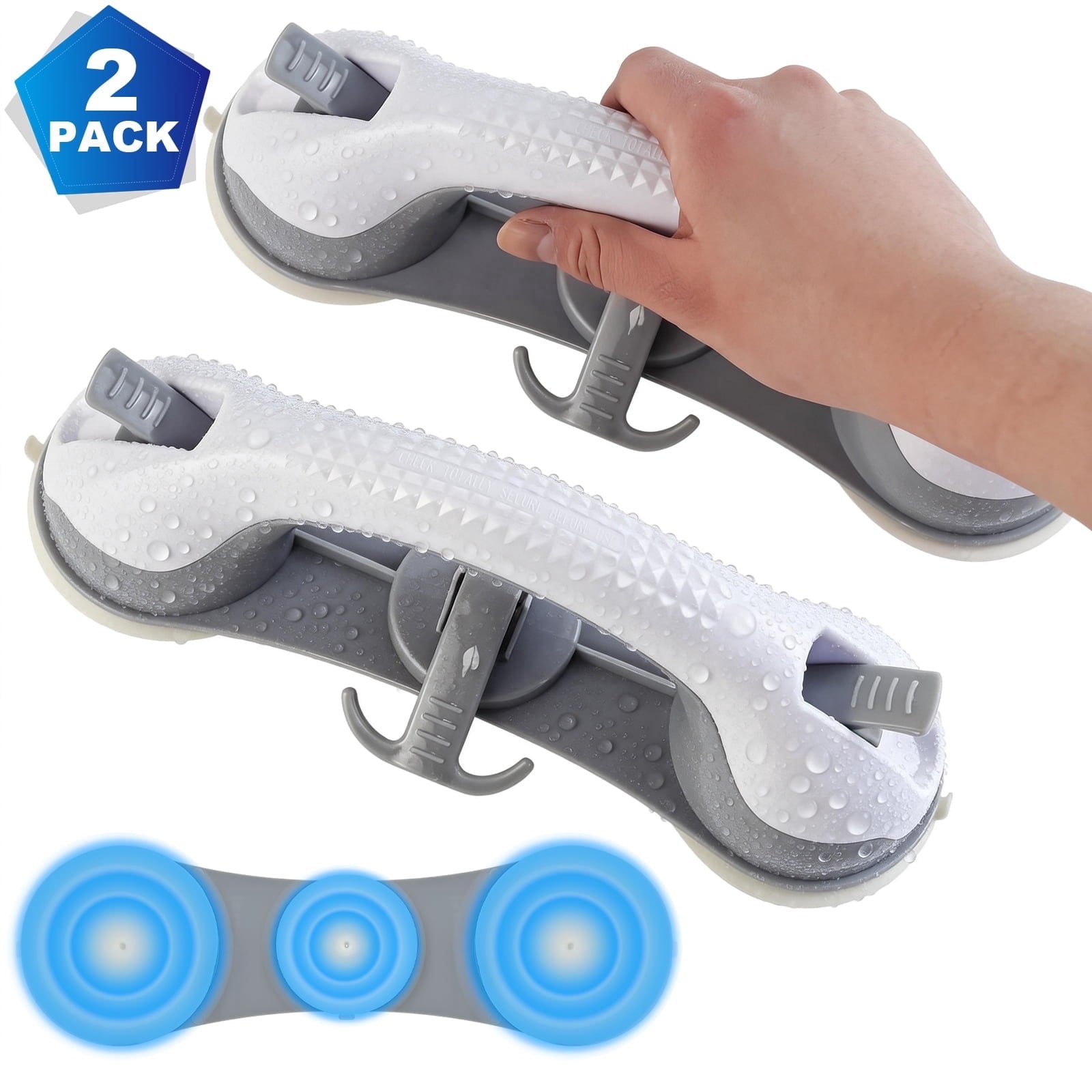 for Showers & Bathtubs, 2 Pack, 3 Strong Suctions Heavy Duty Shower Handle, 12 Inch Anti Slip Bath Grip for Seniors, ...