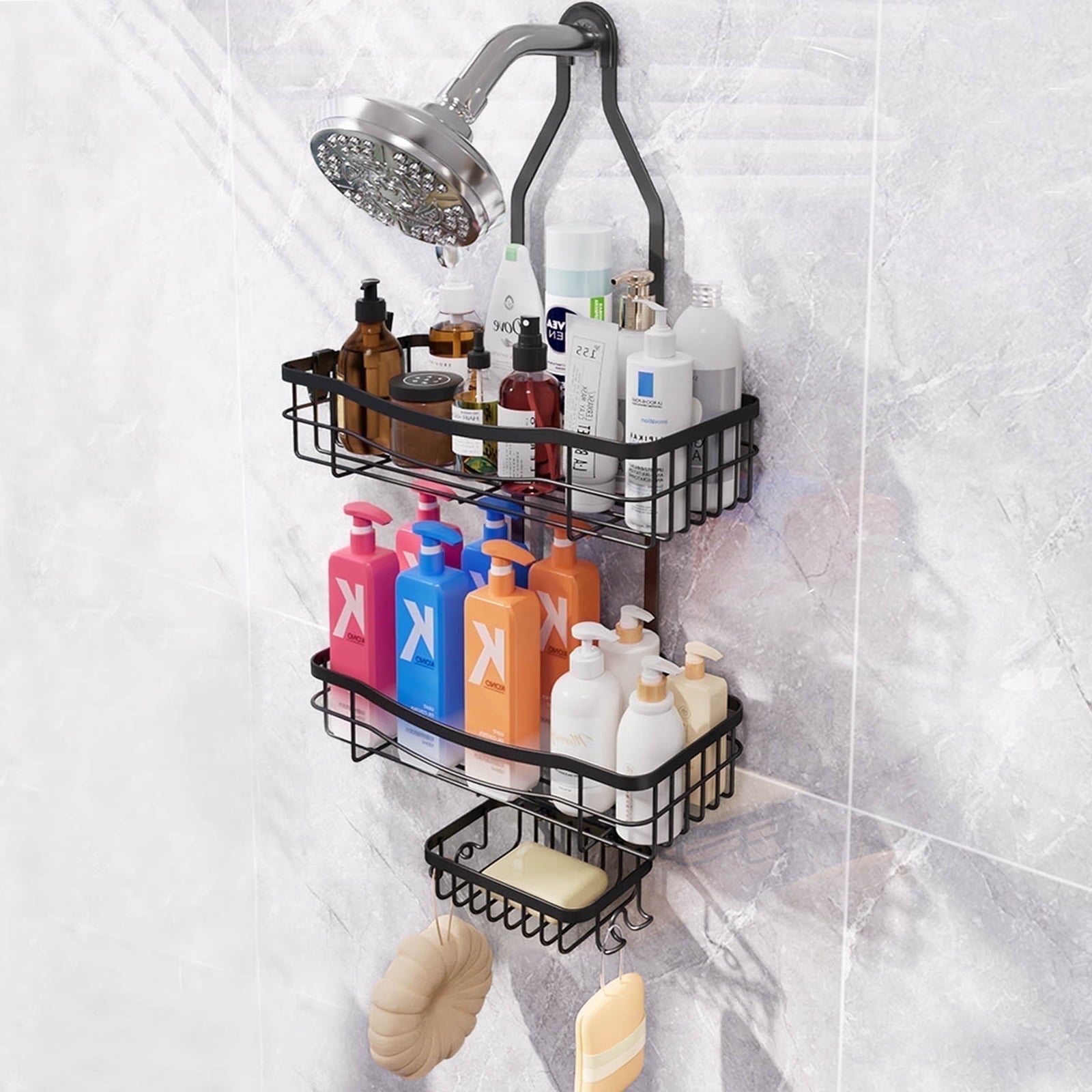 Shower Caddy, 3 Shelves Large Capacity Shower Caddy Over Shower Head, Rustproof, No Drilling,Black
