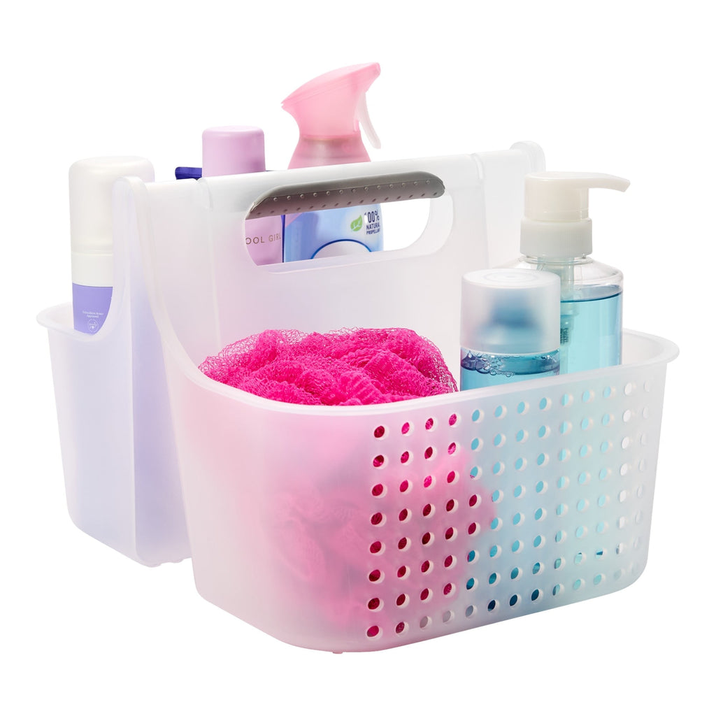 madesmart 2-Compartment Soft Grip Shower Tote for Bathroom Organization, Plastic Storage Shower Caddy Bucket, Large, Frost