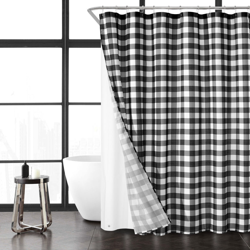 14-Piece Plaid Faux Linen Shower Curtain Set with Hooks & Liner Rustic Cabin Bathroom Decor, 72" x 70
