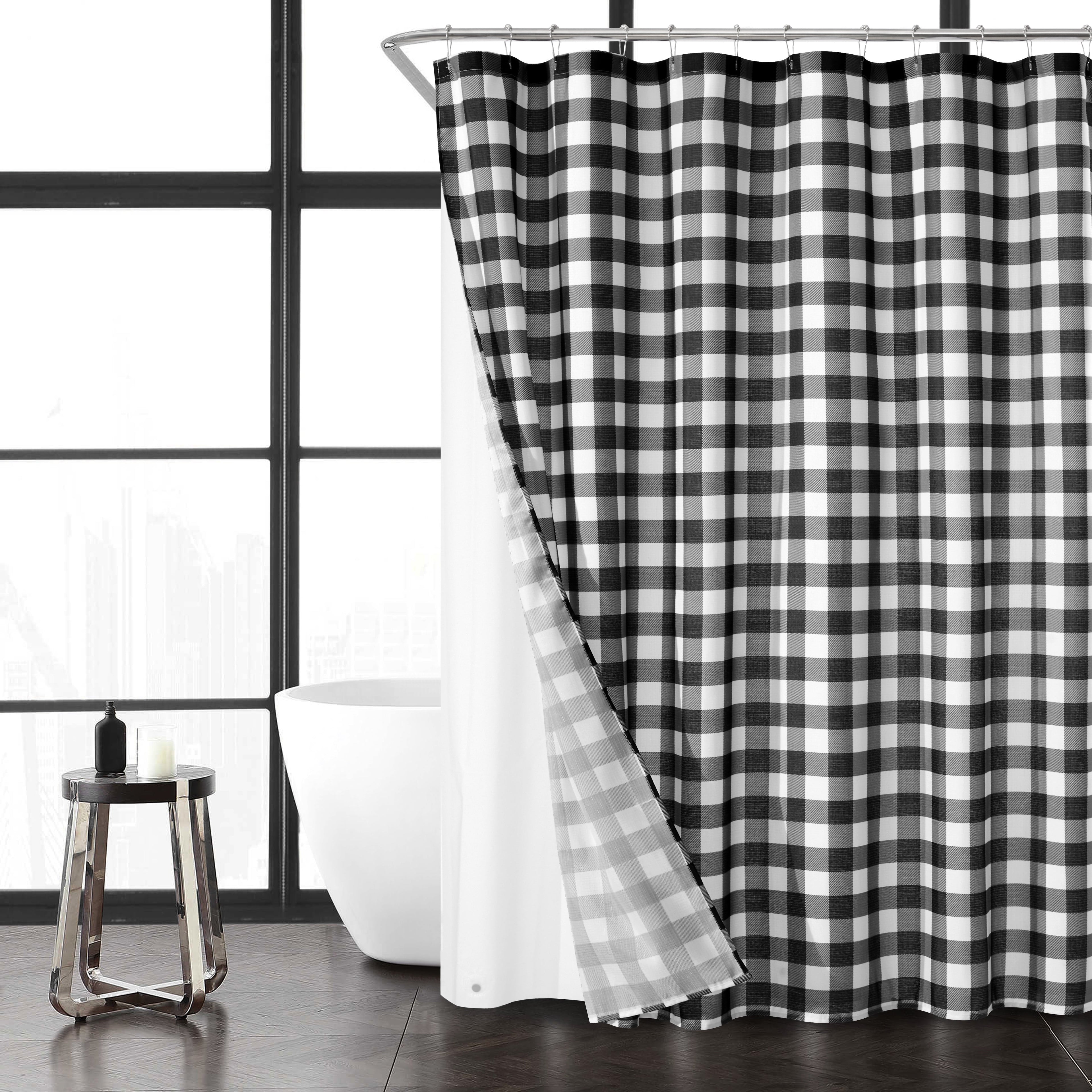 14-Piece Plaid Faux Linen Shower Curtain Set with Hooks & Liner Rustic Cabin Bathroom Decor, 72" x 70