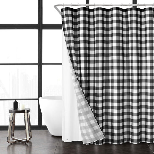 14-Piece Plaid Faux Linen Shower Curtain Set with Hooks & Liner Rustic Cabin Bathroom Decor, 72" x 70