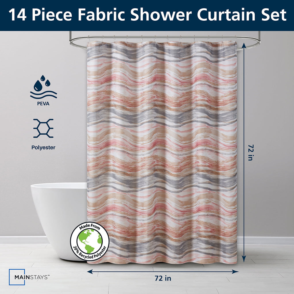 14-Piece Wave Shower Curtain Set 72" x 72" Fabric Curtain, Liner & Metal Hooks, Moisture-Repellent, Machine Washable