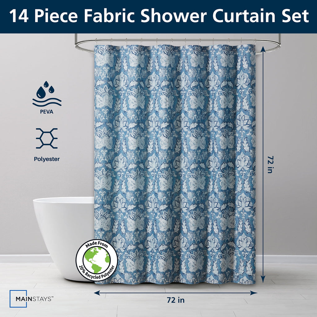 Mainstays 14-Piece Blue Medallion Shower Curtain Set  Fabric Curtain, PEVA Liner & Metal Hooks, 72"x72", Moisture-Resistant