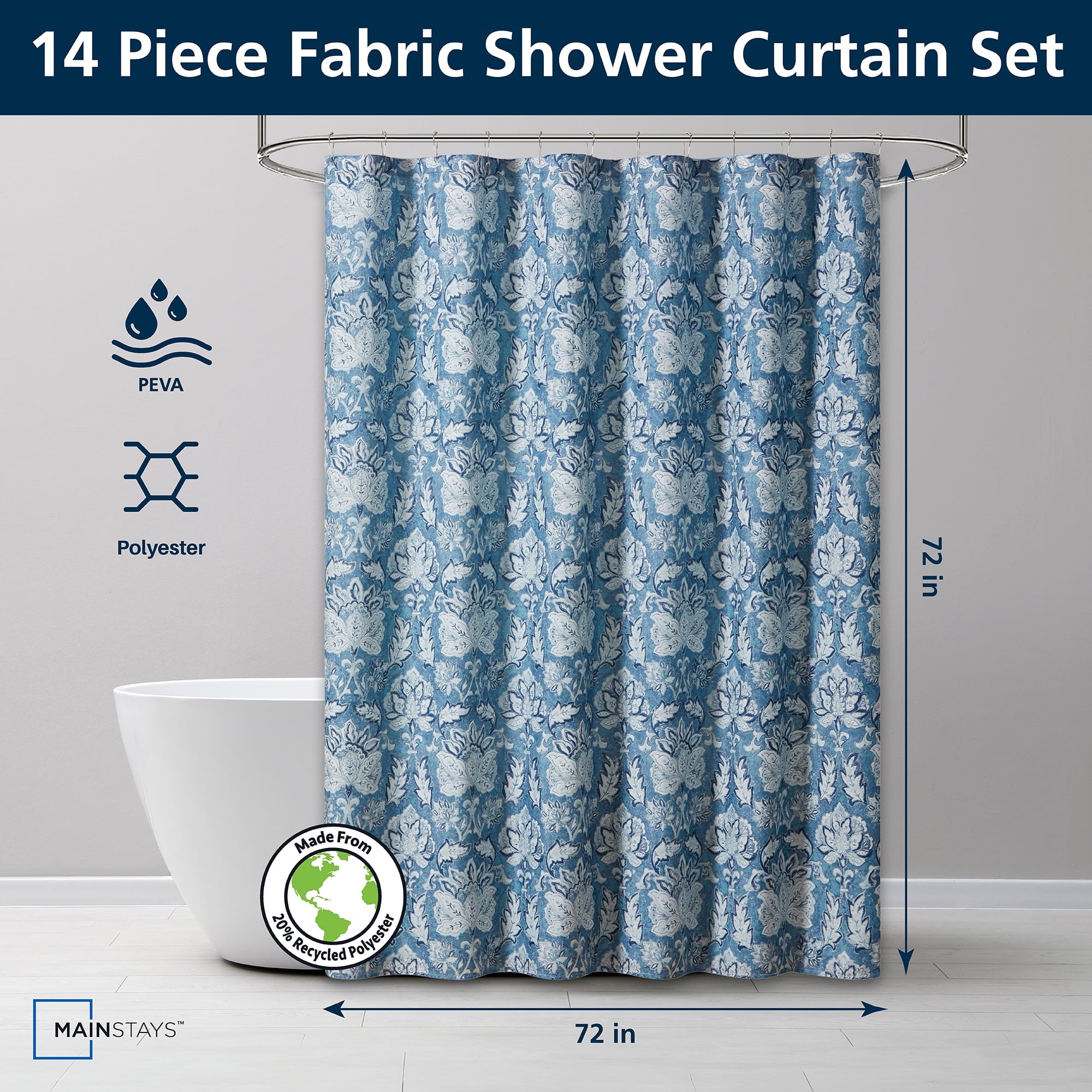 Mainstays 14-Piece Blue Medallion Shower Curtain Set  Fabric Curtain, PEVA Liner & Metal Hooks, 72"x72", Moisture-Resistant
