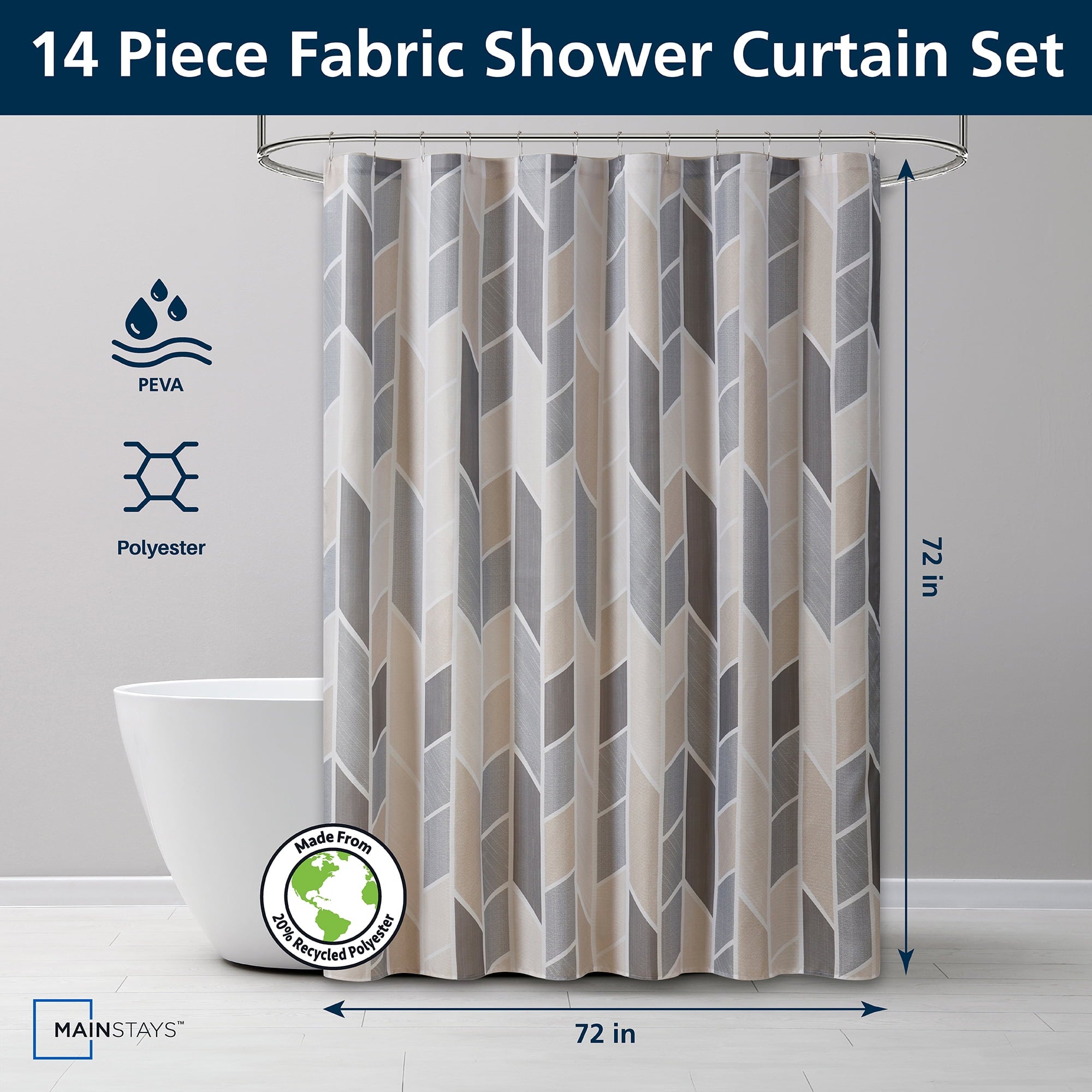14 Piece Fabric Shower Curtain Set, Liner & Hooks, Natural Geometric 72" x 72"