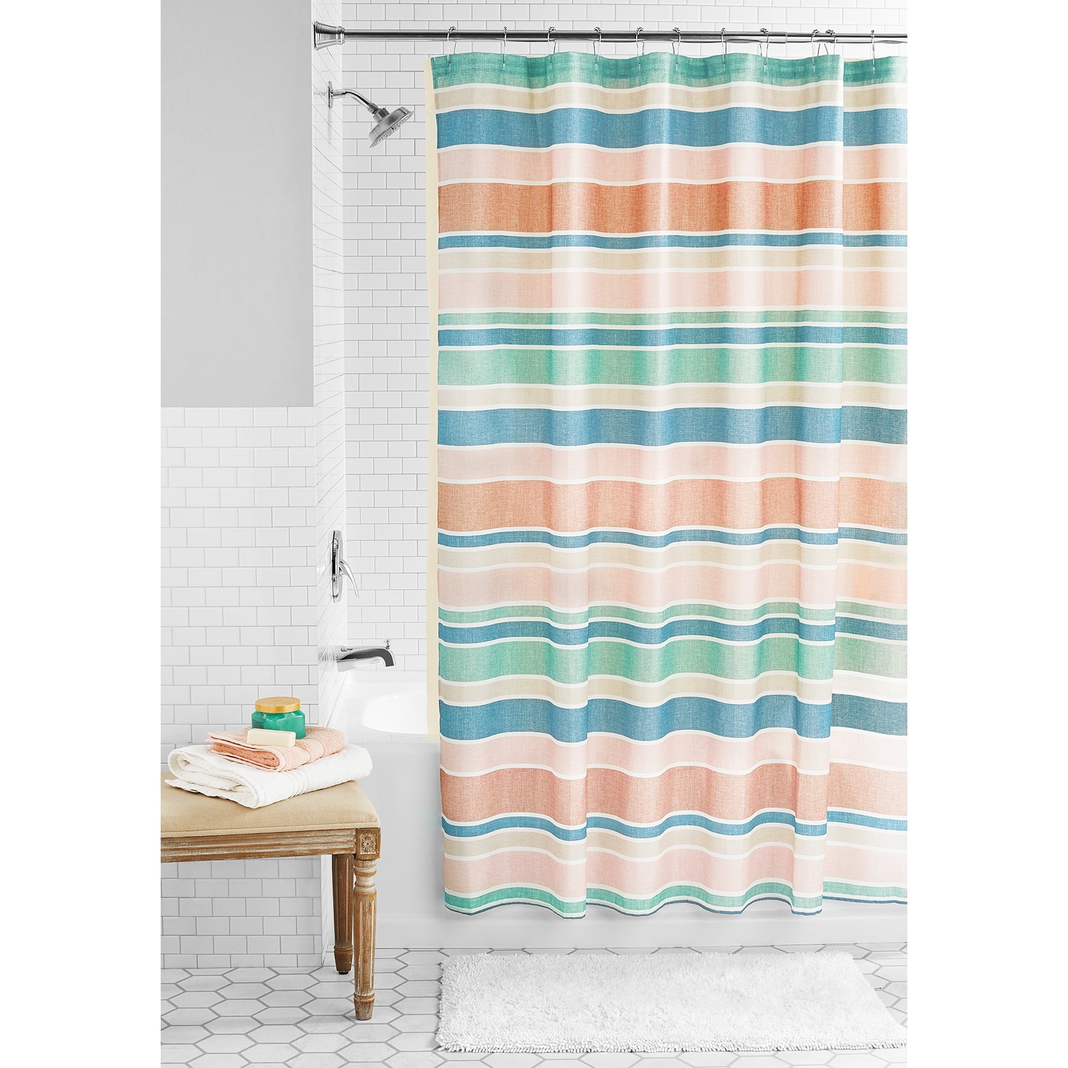 14-Piece Stripe Shower Curtain Set with Hooks & Waterproof Liner Machine Washable, 72"x72