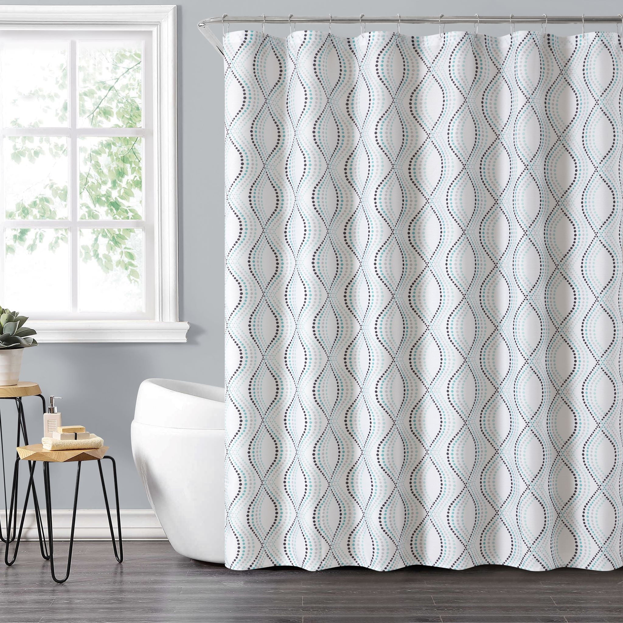 Mainstays 14-Piece Blue Dot Shower Curtain Set – 72" x 72" Fabric Curtain, PEVA Liner & Rust-Resistant Hooks, Easy-Clean Bathroom Upgrade