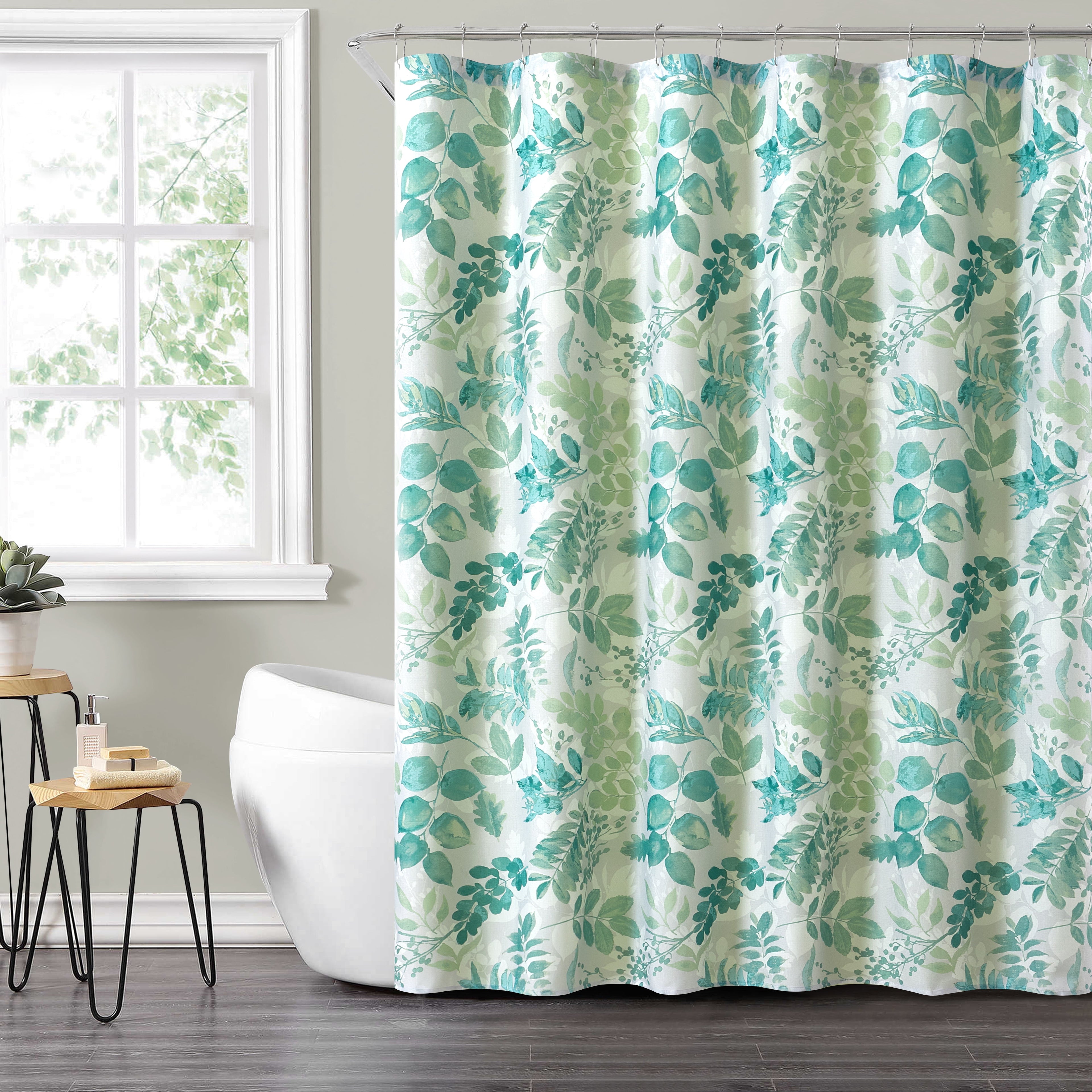 14-Piece Green Floral Shower Curtain Set with Hooks & Liner 72x72