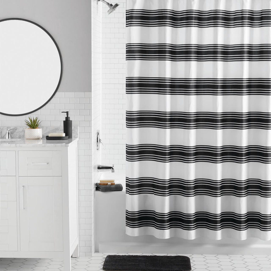 16-Piece Black Stripe Shower Curtain Bathroom Set Fabric Curtain with Rug, Hooks, Soap Dispenser & Tray
