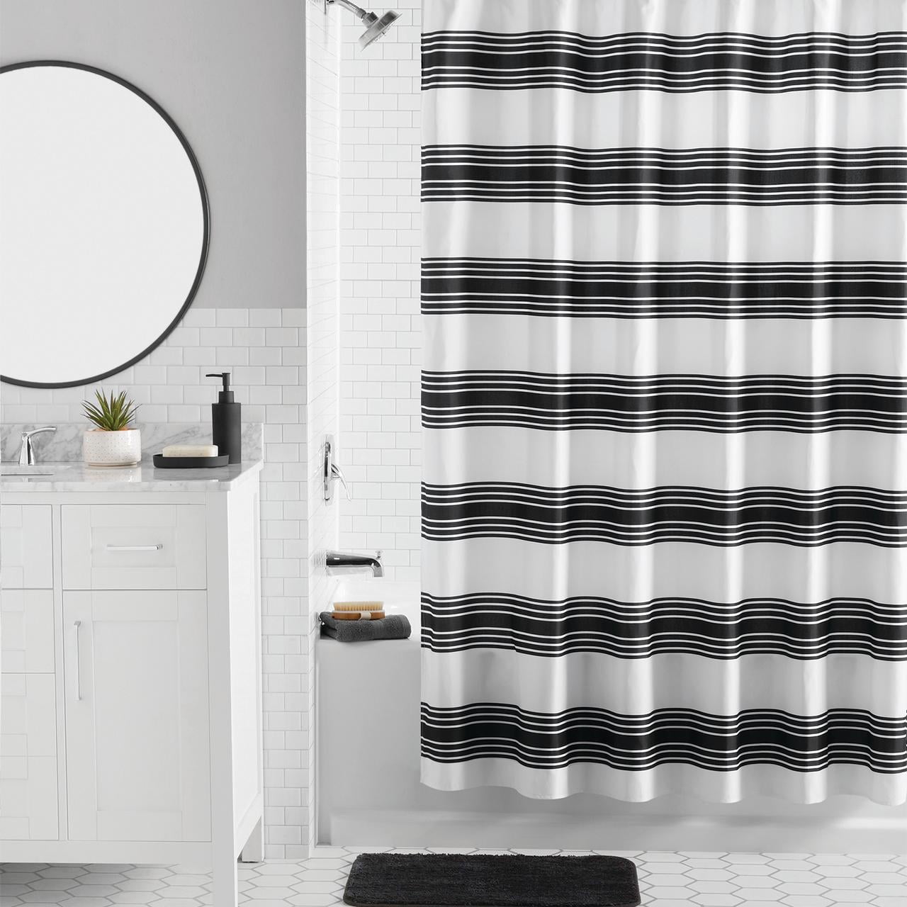 16-Piece Black Stripe Shower Curtain Bathroom Set Fabric Curtain with Rug, Hooks, Soap Dispenser & Tray