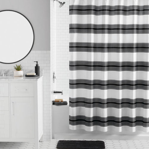 16-Piece Black Stripe Shower Curtain Bathroom Set Fabric Curtain with Rug, Hooks, Soap Dispenser & Tray
